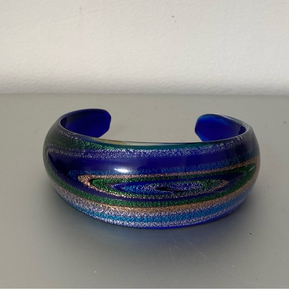 Cobalt blue dichroic art glass with colourful swirls women cuff bracelet. Used. - Picture 6 of 9